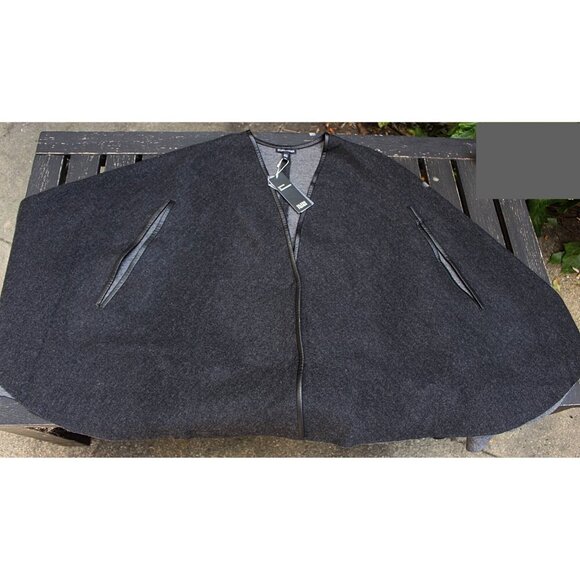 New w/Tags Eileen Fisher -Leather Trim Front Felted Merino Snap Front Cape, M/L - Picture 5 of 14